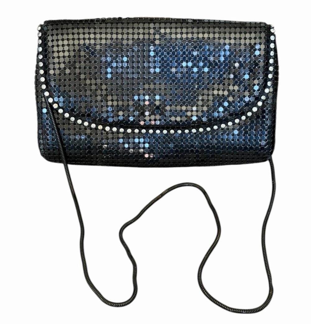 Vintage Black Metal Mesh Rhinestone Evening Bag Clutch Crossbody Y2K Disco